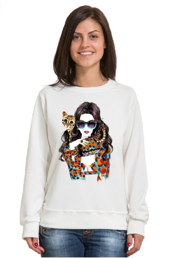 Толстовка Девушка с котом, свитшот Девушка с котом, футболка Девушка с котом