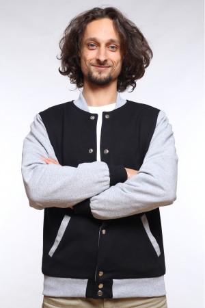 Бомбер черный мужской (унисекс) с серым рукавом