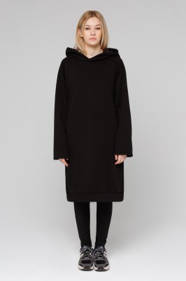 Платье худи женские черного цвета без рисунка и логотипа, подходит под печать рисунка. Продажа бланковых трикотажных платьев оптом под брендирование.