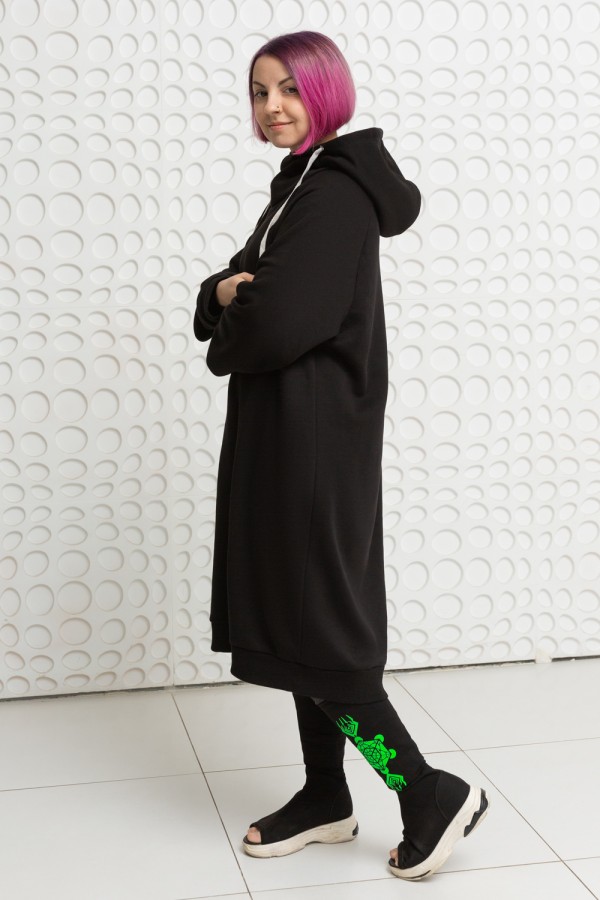  black cocoon dress woman winter    Худи - платье кокон длинное черное женское 