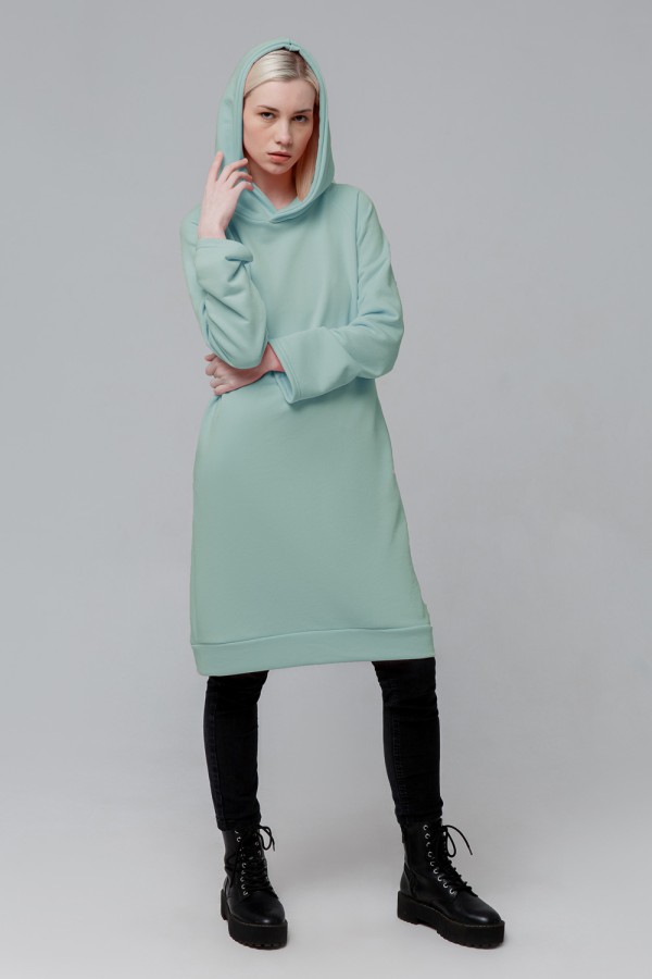 Платье худи с капюшоном голубое ниагара женское длинное из футера Dress Hoodie Niagara blue XS-38-40-Woman-(Женский) Платье худи с капюшоном голубое ниагара женское длинное из футера