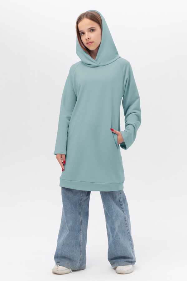  Dress Hoodie Niagara blue Teenage XL-44-46-Teenage-(Подростковый)    Платье-худи с капюшоном голубое ниагара подростковое для девочек из футера 