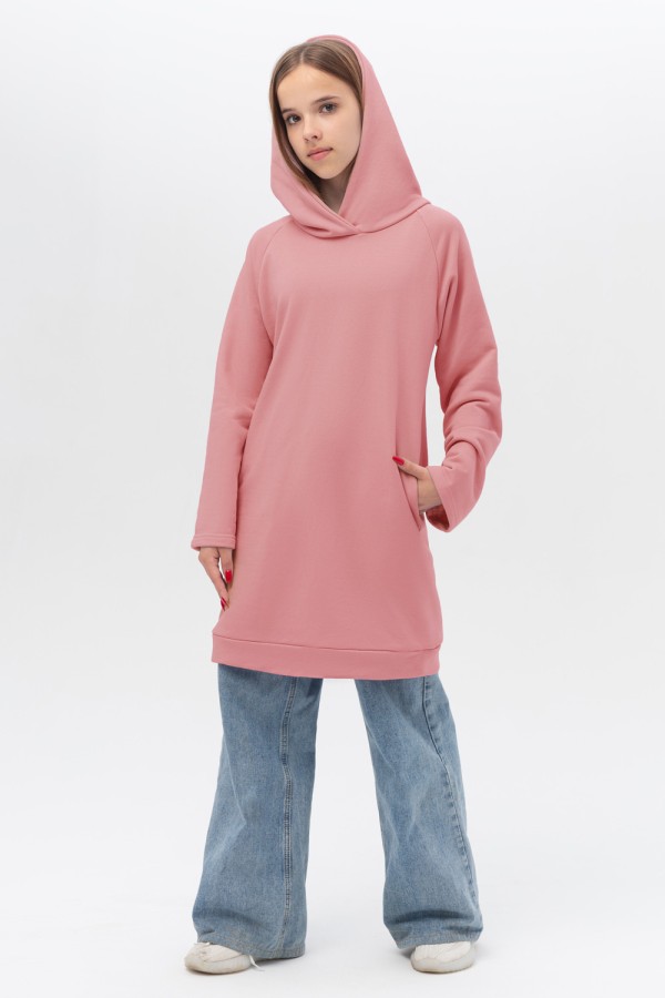  Dress Hoodie peach pink Teenage XL-44-46-Teenage-(Подростковый)    Платье-худи с капюшоном персиковое подростковое для девочек из футера 