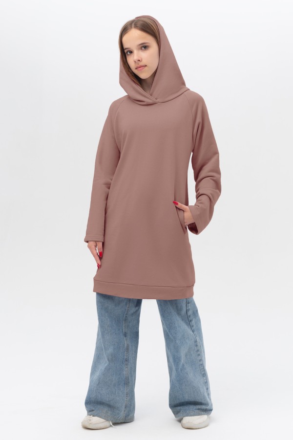 Платье-худи с капюшоном пудровое подростковое для девочек из футера Dress Hoodie Pudra L-42-44-Teenage-(Подростковый) Платье-худи с капюшоном пудровое подростковое для девочек из футера
