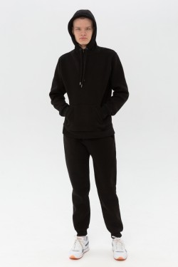 Мужской зимний спортивный костюм черный: худи с короткой молнией-анорак и теплые спортивные брюки
