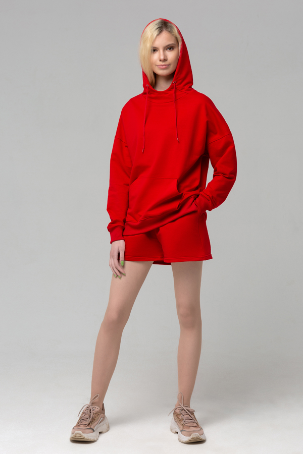  Summer suit sweatshirt OVERSIZE and shorts RED XS-38-40-Woman-(Женский)    Летний женский спортивный костюм красный: худи с рукавом оверсайз и шорты  