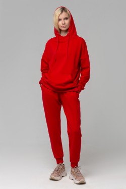 Летний женский спортивный костюм красный: худи с рукавом оверсайз и брюки джоггеры