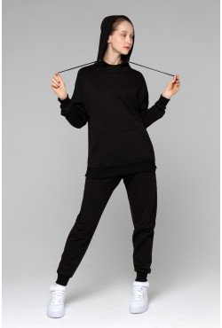 Летний женский спортивный костюм черный: худи с рукавом оверсайз и брюки джоггеры