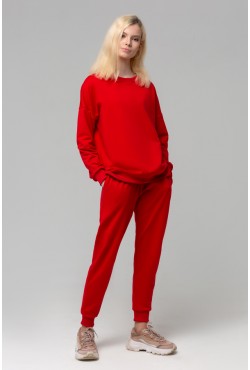 Летний женский спортивный костюм красный: свитшот с рукавом оверсайз и брюки джоггеры