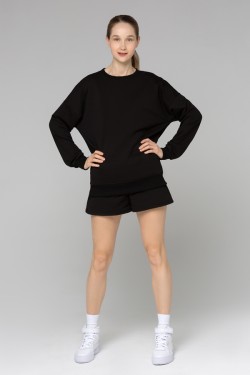 Летний женский спортивный костюм черный: свитшот с рукавом оверсайз и шорты 