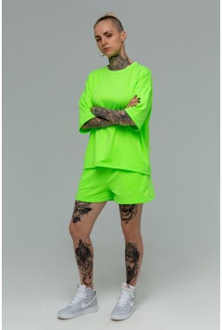 Летний костюм: Футболка оверсайз и шорты с высокой талией «Неон Зеленый»