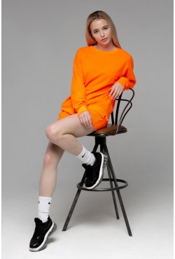 Летний женский спортивный костюм неоновый оранжевый: свитшот с рукавом оверсайз и шорты