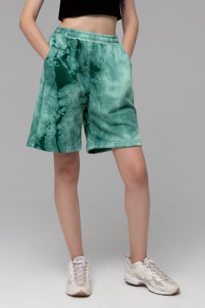 Шорты оверсайз удлиненные (бермуды) унисекс Тай дай изумруд