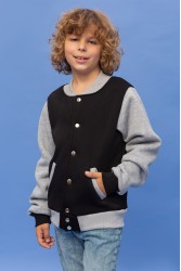 Детская толстовка-бомбер на кнопках - черная колледж куртка с серым рукавом