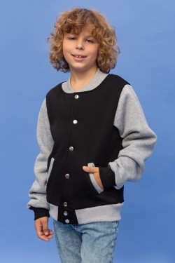 Детская толстовка-бомбер на кнопках - черная колледж куртка с серым рукавом