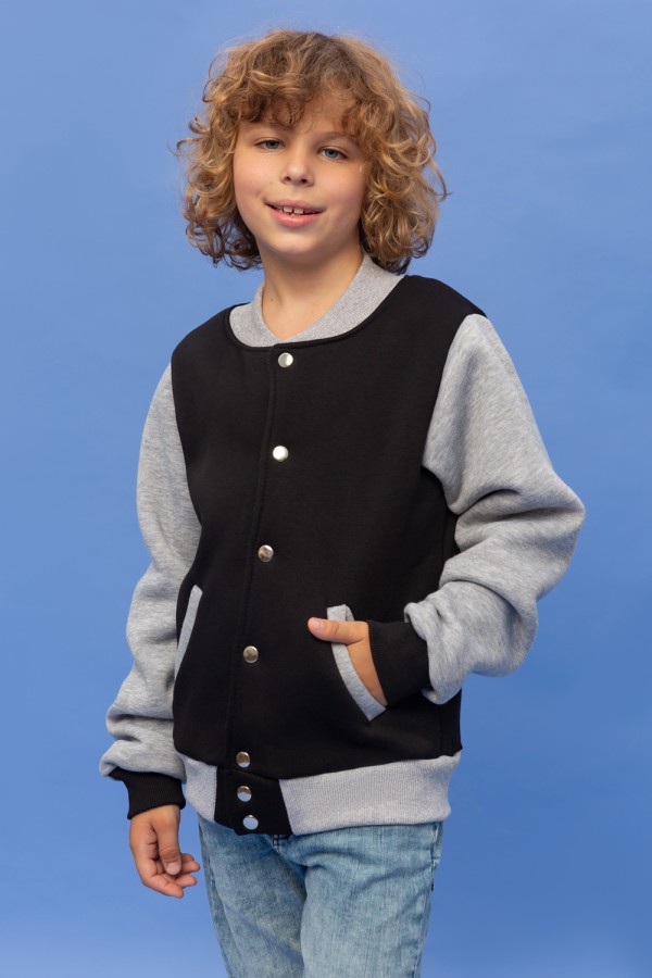 Kids Black-Gray Bomber Jacket 8XS-22-Kids-(На_деток)    Детская толстовка-бомбер на кнопках - черная колледж куртка с серым рукавом 