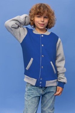 Детская толстовка-бомбер на кнопках - синяя колледж куртка с серым рукавом