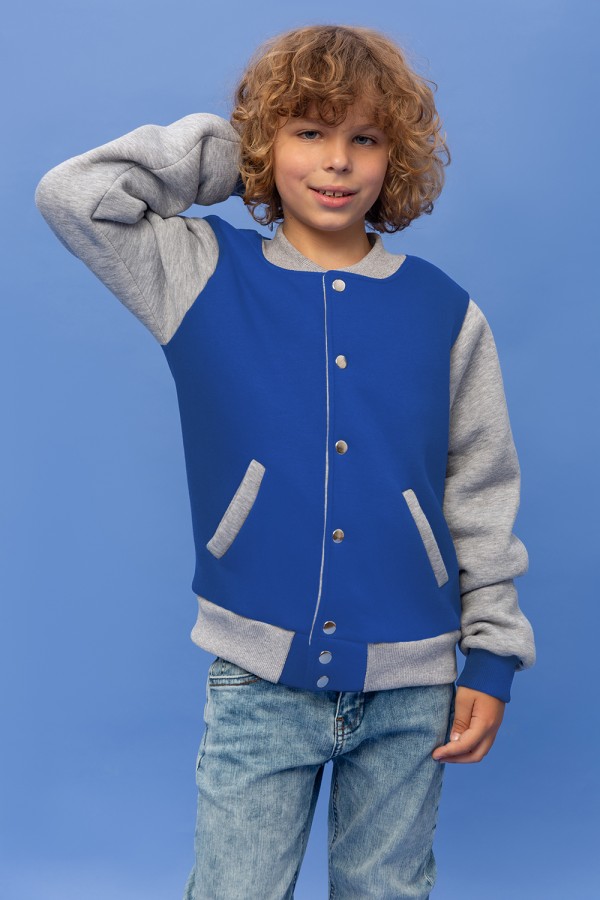  Kids Blue-Gray Bomber Jacket 3XS-32-Kids-(На_деток)    Детская толстовка-бомбер на кнопках - синяя колледж куртка с серым рукавом 
