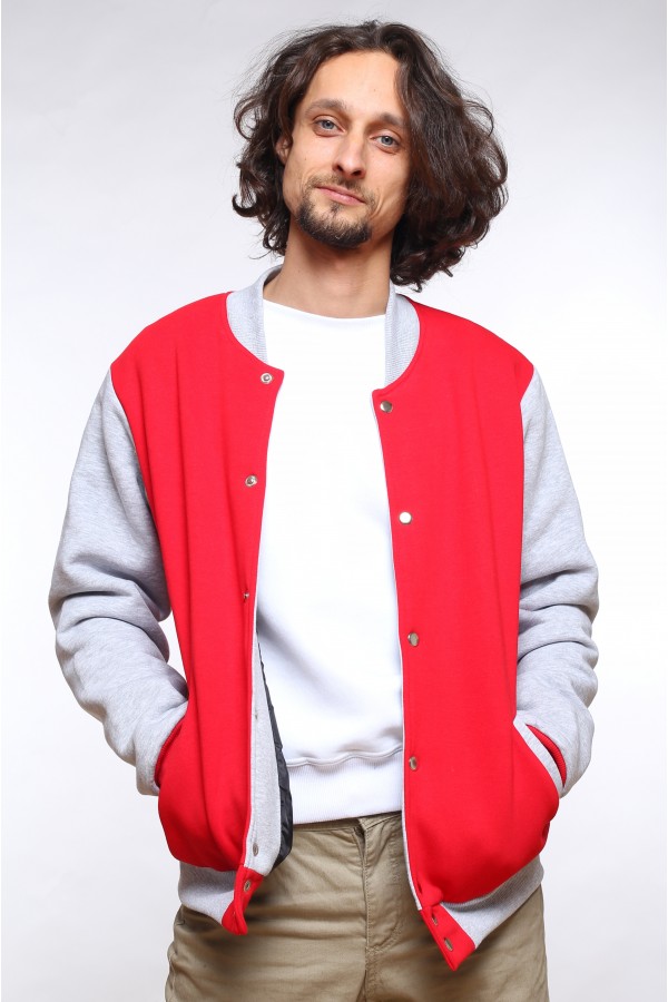  Red-white bomber jacket unisex XS-44-Unisex-(Мужской)    Бомбер красный мужской (унисекс) с белым рукавом 