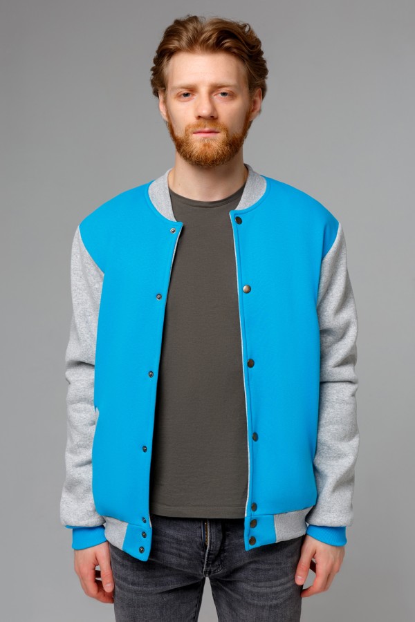 Бомбер бирюзовый мужской (унисекс) с серым рукавом   Магазин Толстовок Колледж куртки мужские на кнопках классические