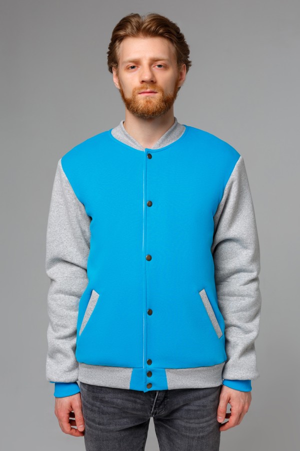 Бомбер бирюзовый мужской (унисекс) с серым рукавом   Магазин Толстовок Колледж куртки мужские на кнопках классические