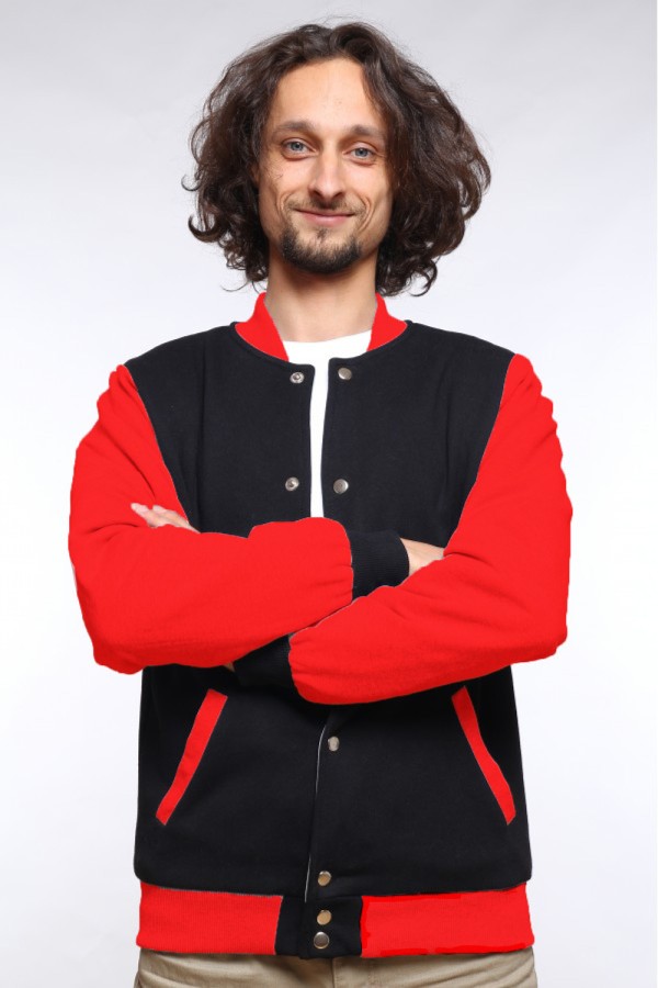  Black-red bomber jacket unisex XS-44-Unisex-(Мужской)    Бомбер черный мужской (унисекс) с красным рукавом 