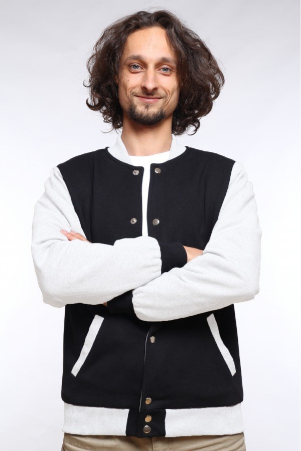  Black-white bomber jacket unisex XS-44-Unisex-(Мужской)    Бомбер черный мужской (унисекс) с белым рукавом 