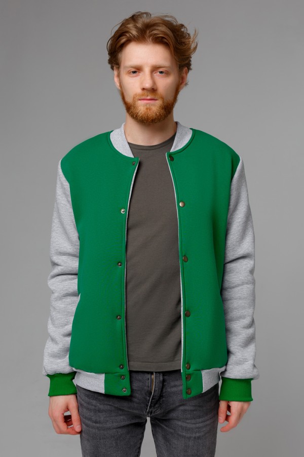 Бомбер зеленый мужской (унисекс) с серым рукавом   Магазин Толстовок Колледж куртки мужские на кнопках классические