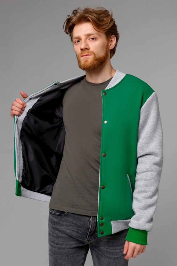 Бомбер зеленый мужской (унисекс) с серым рукавом   Магазин Толстовок Колледж куртки мужские на кнопках классические