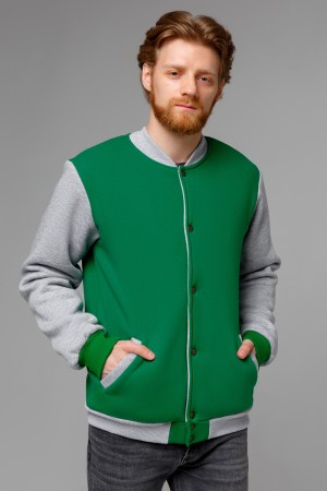 Бомбер зеленый мужской (унисекс) с серым рукавом
