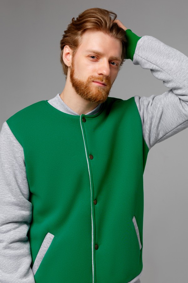 Бомбер зеленый мужской (унисекс) с серым рукавом   Магазин Толстовок Колледж куртки (бомберы) мужские
