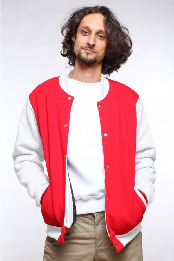  Red-white bomber jacket unisex XS-44-Unisex-(Мужской)    Бомбер красный мужской (унисекс) с белым рукавом 