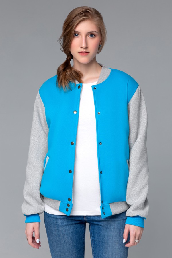 Бомбер - толстовка женская бирюзовая с серым   Магазин Толстовок Колледж куртки женские на кнопках классические