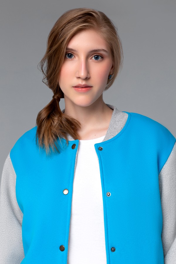 Бомбер - толстовка женская бирюзовая с серым   Магазин Толстовок Колледж куртки женские на кнопках классические