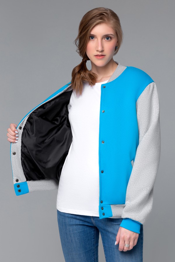 Бомбер - толстовка женская бирюзовая с серым   Магазин Толстовок Колледж куртки (бомберы) женские