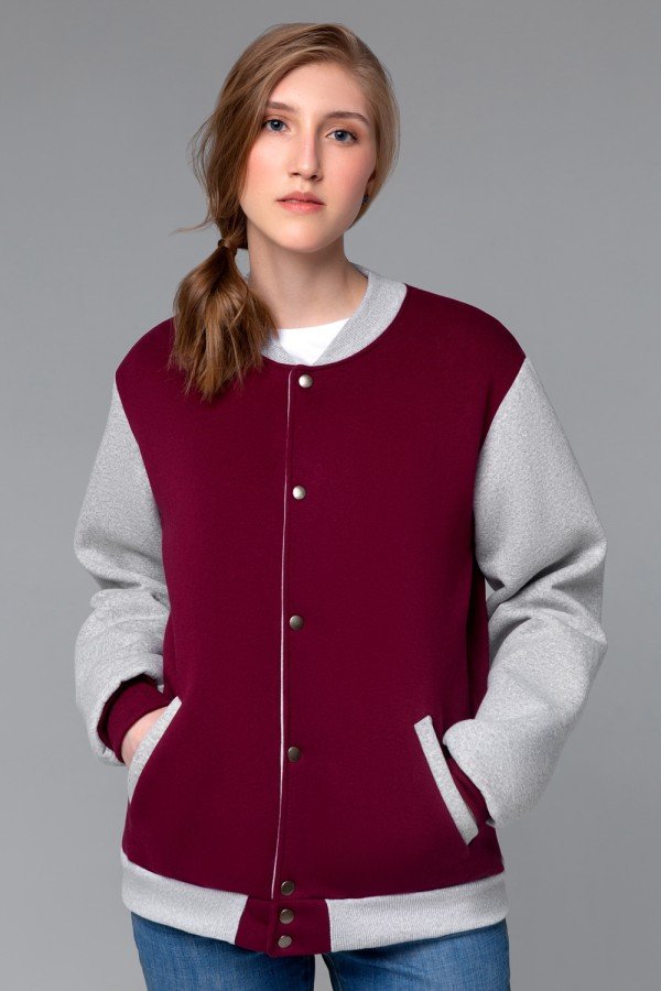 Бомбер - толстовка женская бордовая с серым   Магазин Толстовок Колледж куртки женские на кнопках классические
