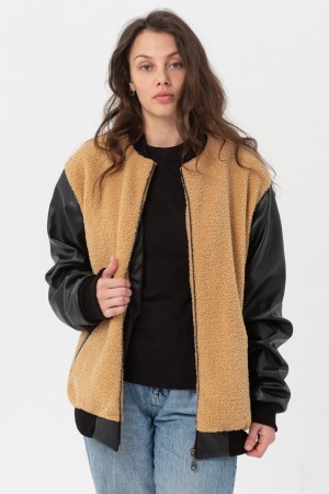 Бомбер эко-кожа эко-мех Бежевый с Черным