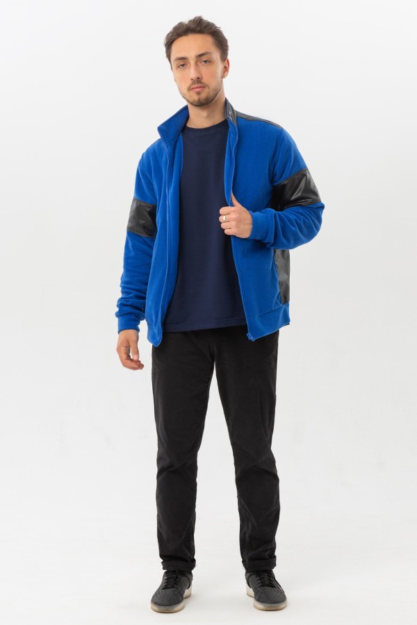 Мужская ярко-синяя олимпийка флисовая с вставками из эко-кожи   Магазин Толстовок Zip-Olympic Sweatshirt