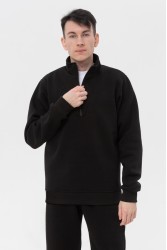 Мужской черный пуловер - свитшот с укороченной молнией теплый
