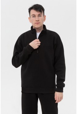 Мужской черный пуловер - свитшот с укороченной молнией теплый