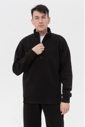 Мужской черный пуловер - свитшот с укороченной молнией теплый