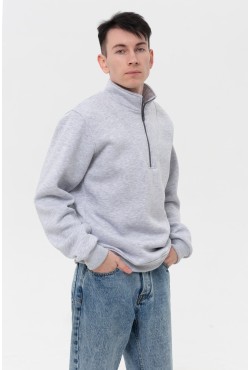 Мужской серый пуловер - свитшот с укороченной молнией теплый