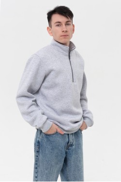 Мужской серый пуловер - свитшот с укороченной молнией теплый
