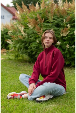 Женский бордовый пуловер - свитшот с укороченной молнией теплый