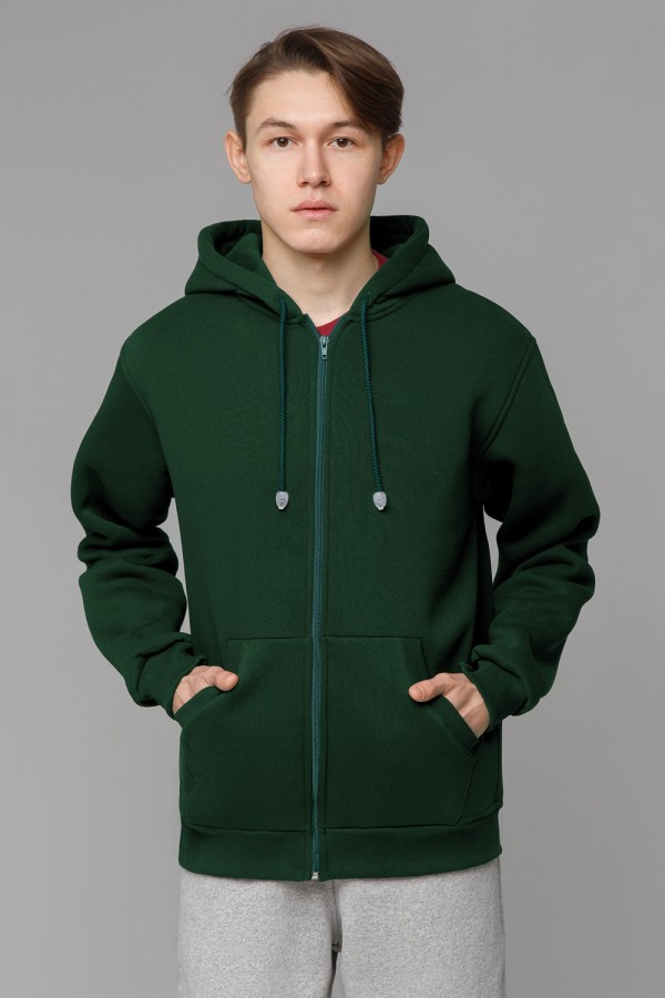  Classic zip-hoodie dark green XS-44-Unisex-(Мужской)    Мужская классическая темно-зеленая худи на молнии 