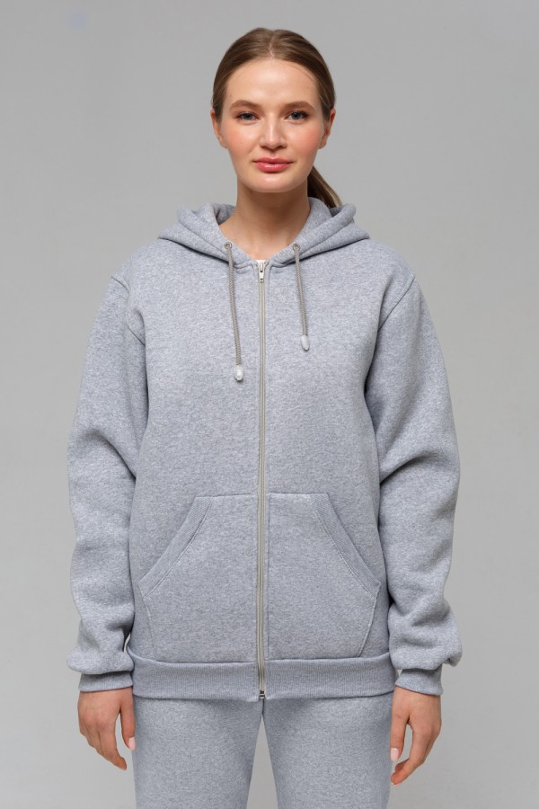  basic gray melange zip hoodie 320 M-42-44-Woman-(Женский)    Серая толстовка на молнии женская с капюшоном классика 