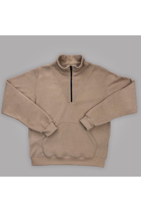  Pullover sweatshirt beige fleece man 2XL-54-Unisex-(Мужской)    Мужской бежевый пуловер - свитшот с укороченной молнией теплый из флиса (полузип) 