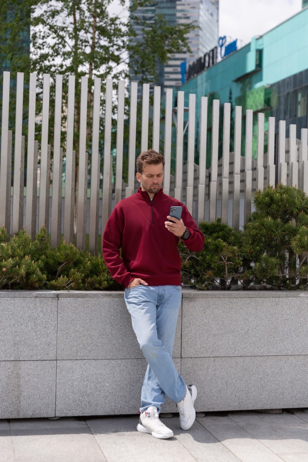 Мужской бордовый пуловер - свитшот с укороченной молнией теплый   Магазин Толстовок Пуловер премиум мужской | Premium pullover man