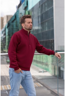 Мужской бордовый пуловер - свитшот с укороченной молнией теплый