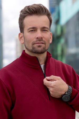 Мужской бордовый пуловер - свитшот с укороченной молнией теплый